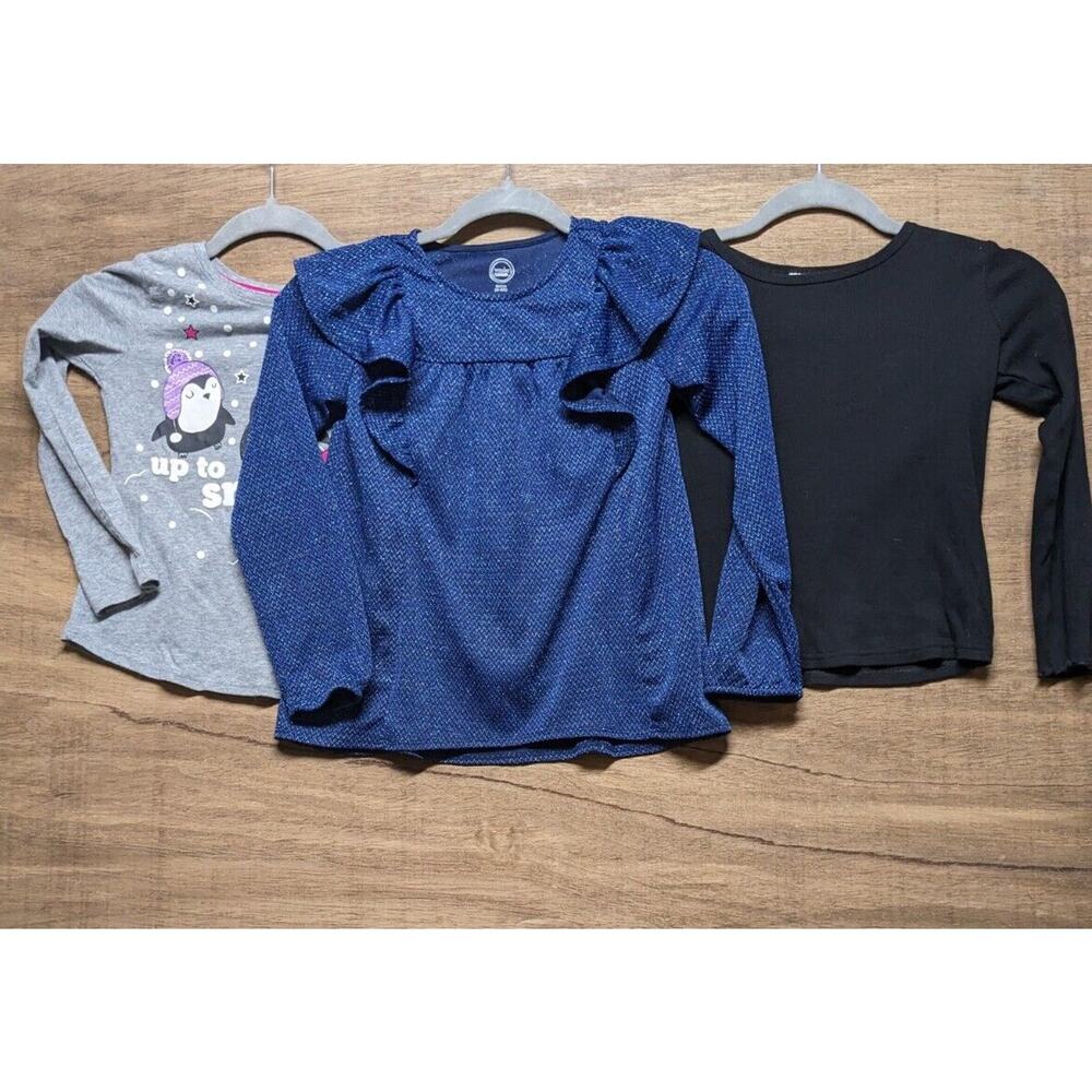 Girls Size S 6-6x Long Sleeve Shirt Lot Of 3 Blue Ruffle Black Gray Penguin